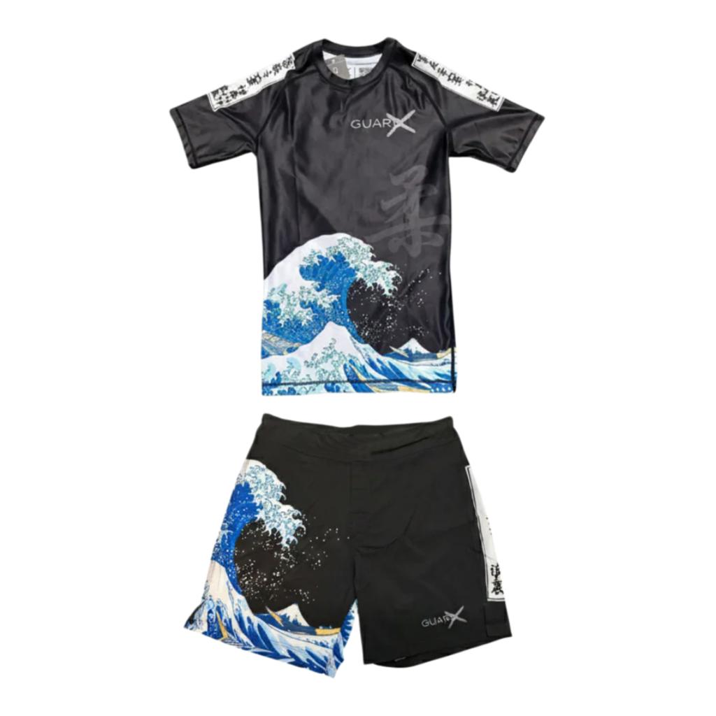 Rash Guard - ชุดเสื้อยืดและกางเกงขาสั้นสำหรับฝึกซ้อมบราซิลเลียนยิวยิตสู ลายคลื่นทะเลสไตล์อุคิโยะอี ญี่ปุ่น (แขนสั้น) ชุดเสื้อยืดแห้งเร็วสำหรับผู้ชายฤดูร้อน